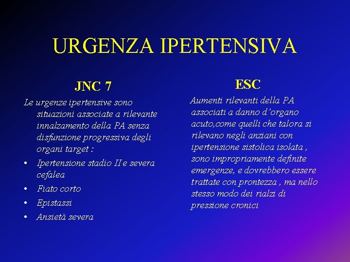 URGENZA IPERTENSIVA JNC 7 Le urgenze ipertensive sono situazioni associate a rilevante innalzamento della