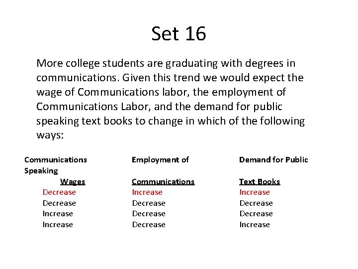 Set 16 More college students are graduating with degrees in communications. Given this trend