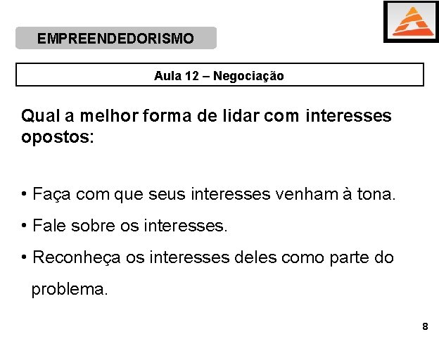 EMPREENDEDORISMO Aula 12 – Negociação Qual a melhor forma de lidar com interesses opostos: