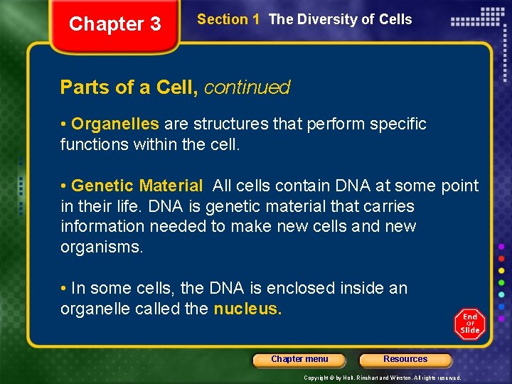 Chapter 3 Section 1 The Diversity of Cells Parts of a Cell, continued •