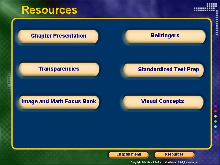 Resources Bellringers Chapter Presentation Transparencies Standardized Test Prep Visual Concepts Image and Math Focus