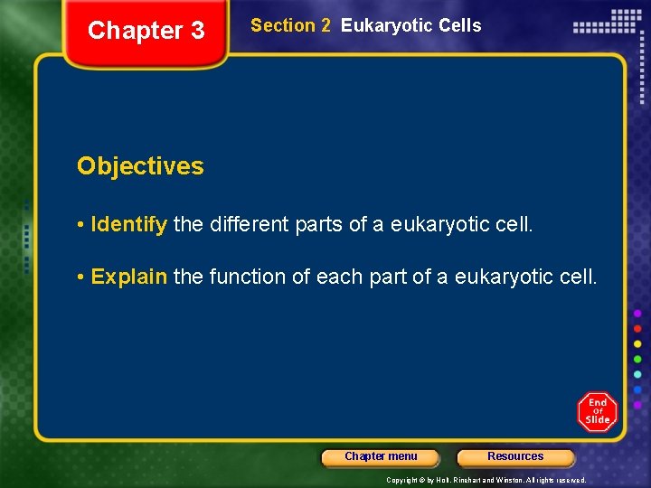 Chapter 3 Section 2 Eukaryotic Cells Objectives • Identify the different parts of a