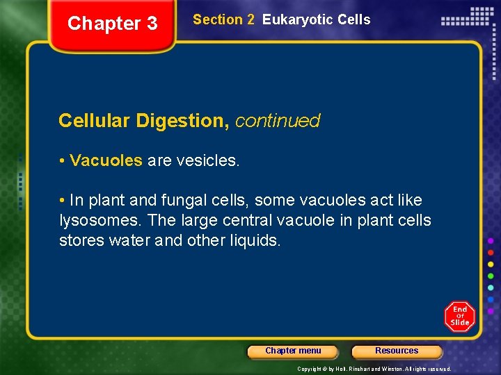 Chapter 3 Section 2 Eukaryotic Cells Cellular Digestion, continued • Vacuoles are vesicles. •