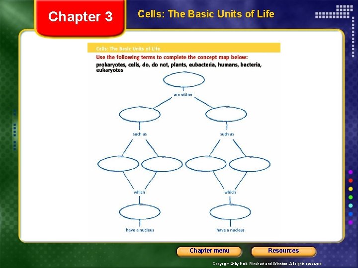 Chapter 3 Cells: The Basic Units of Life Chapter menu Resources Copyright © by