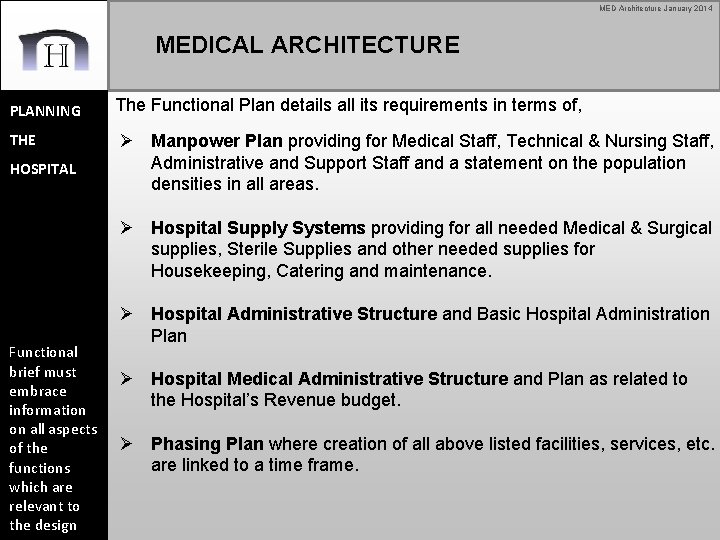 MED Architecture January 2014 MEDICAL ARCHITECTURE PLANNING The Functional Plan details all its requirements