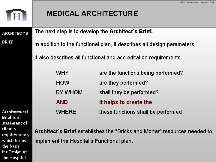 MED Architecture January 2014 MEDICAL ARCHITECTURE ARCHITECT’S BRIEF The next step is to develop