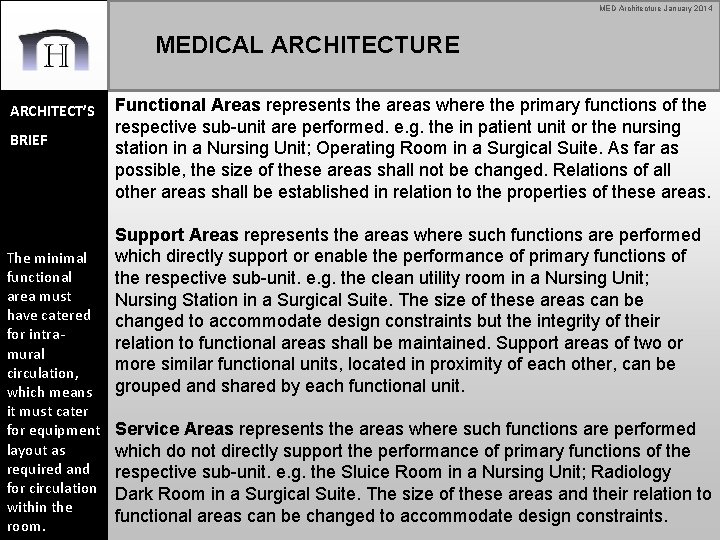 MED Architecture January 2014 MEDICAL ARCHITECTURE ARCHITECT’S BRIEF The minimal functional area must have