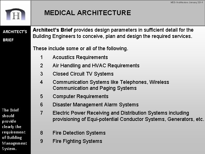 MED Architecture January 2014 MEDICAL ARCHITECTURE ARCHITECT’S BRIEF Architect’s Brief provides design parameters in
