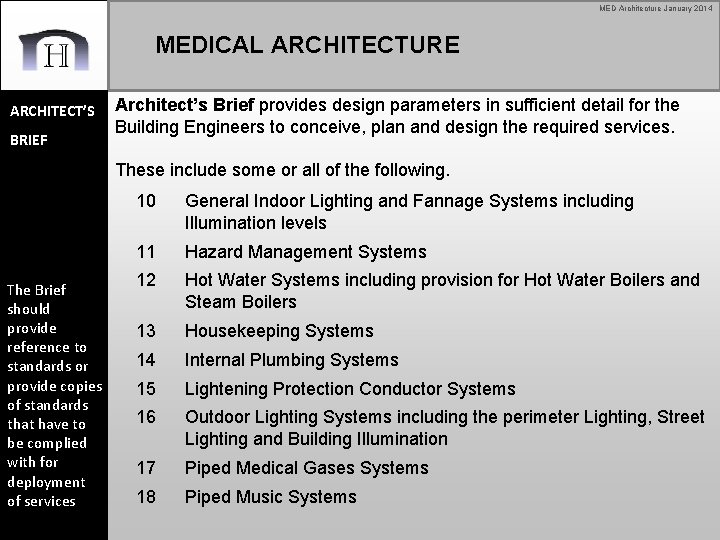 MED Architecture January 2014 MEDICAL ARCHITECTURE ARCHITECT’S BRIEF Architect’s Brief provides design parameters in