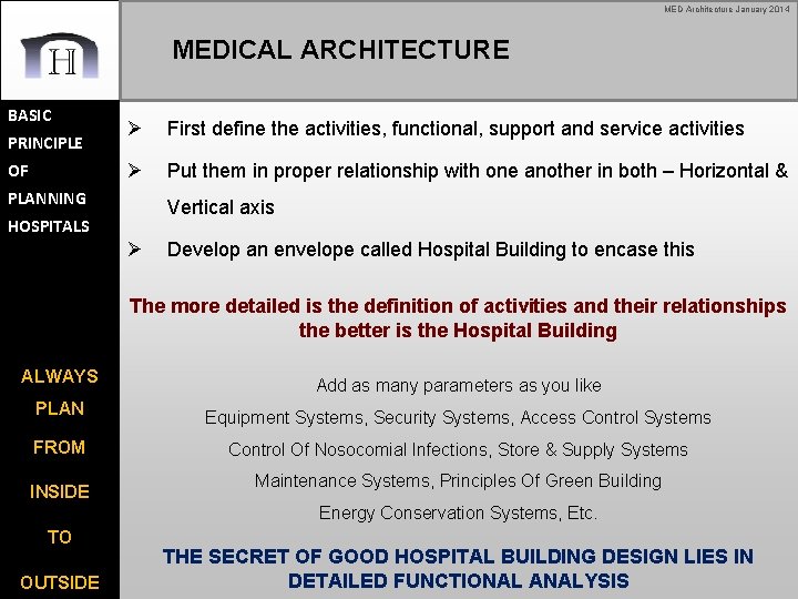 MED Architecture January 2014 MEDICAL ARCHITECTURE BASIC PRINCIPLE OF Ø First define the activities,