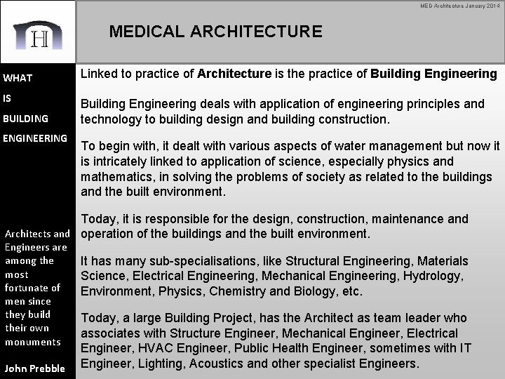 MED Architecture January 2014 MEDICAL ARCHITECTURE WHAT IS BUILDING ENGINEERING Linked to practice of