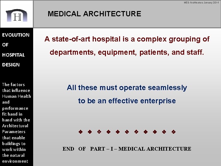 MED Architecture January 2014 MEDICAL ARCHITECTURE EVOLUTION OF HOSPITAL A state-of-art hospital is a