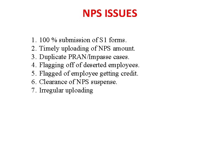 NPS ISSUES 1. 2. 3. 4. 5. 6. 7. 100 % submission of S