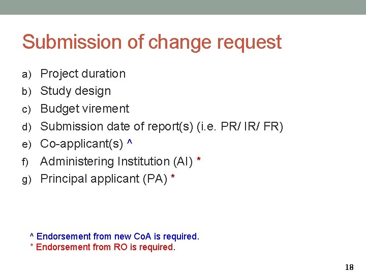 Submission of change request a) Project duration b) Study design c) Budget virement d)