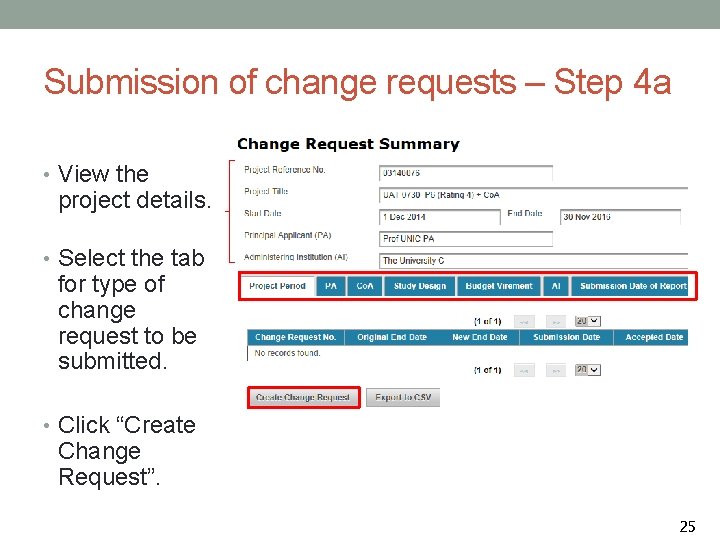 Submission of change requests – Step 4 a • View the project details. •