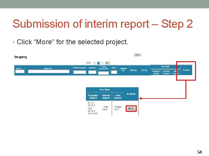 Submission of interim report – Step 2 • Click “More” for the selected project.