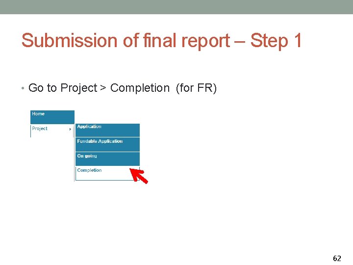 Submission of final report – Step 1 • Go to Project > Completion (for