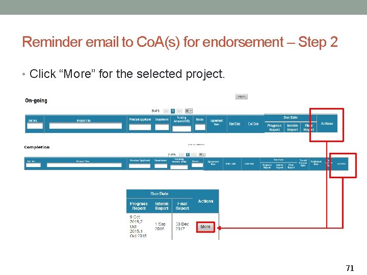 Reminder email to Co. A(s) for endorsement – Step 2 • Click “More” for