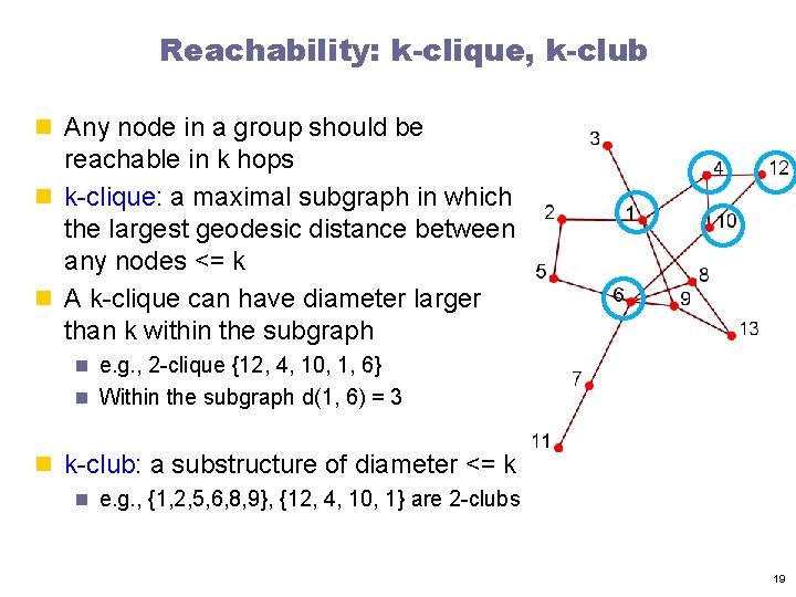 Reachability: k-clique, k-club n Any node in a group should be reachable in k