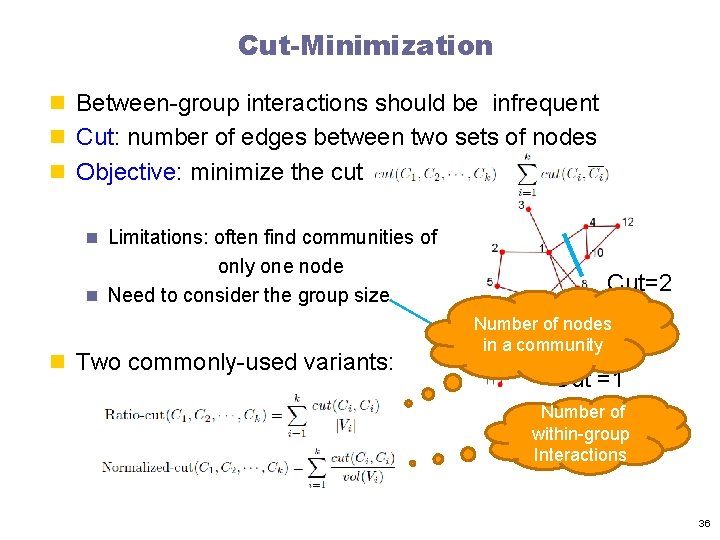 Cut-Minimization n Between-group interactions should be infrequent n Cut: number of edges between two