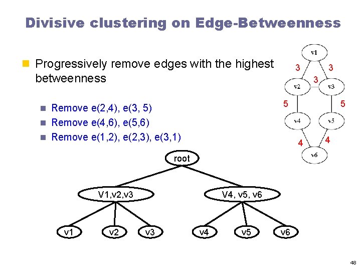 Divisive clustering on Edge-Betweenness n Progressively remove edges with the highest 3 betweenness 3