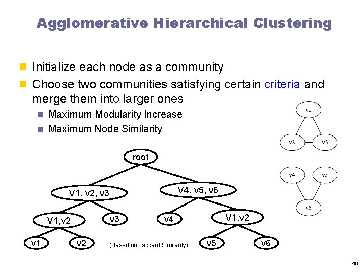 Agglomerative Hierarchical Clustering n Initialize each node as a community n Choose two communities