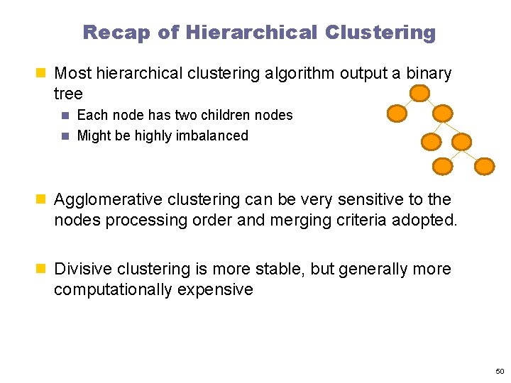 Recap of Hierarchical Clustering n Most hierarchical clustering algorithm output a binary tree n