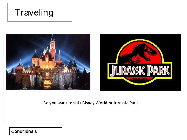 Traveling Do you want to visit Disney World or Jurassic Park Conditionals 