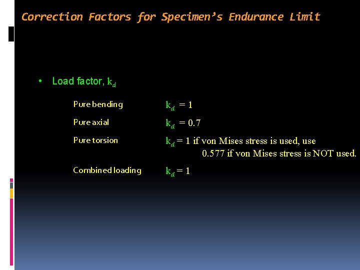 Correction Factors for Specimen’s Endurance Limit • Load factor, kd Pure bending kd = Correction Factors for Specimen’s Endurance Limit • Load factor, kd Pure bending kd =