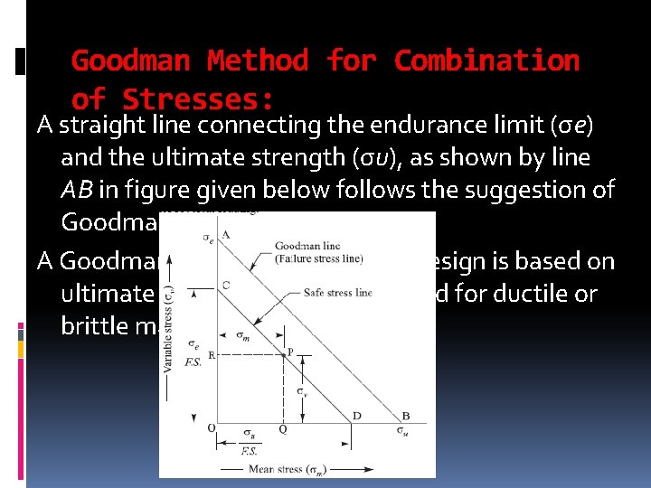 Goodman Method for Combination of Stresses: A straight line connecting the endurance limit (σe) Goodman Method for Combination of Stresses: A straight line connecting the endurance limit (σe)