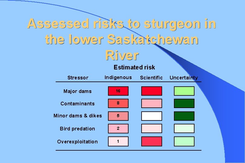 Assessed risks to sturgeon in the lower Saskatchewan River Estimated risk Stressor Indigenous Major