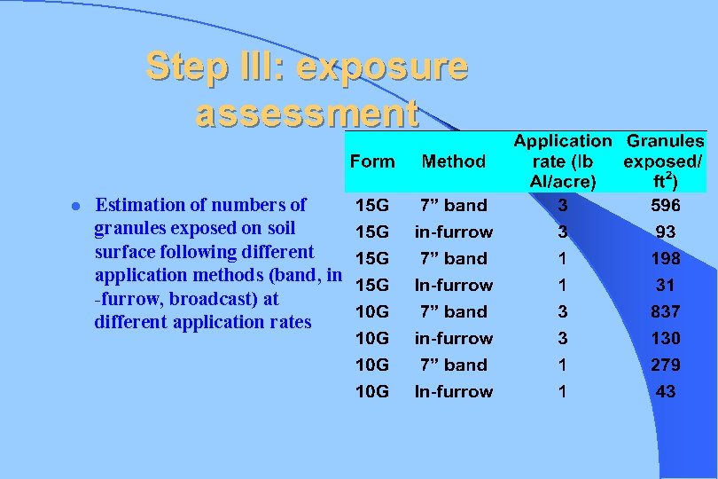 Step III: exposure assessment l Estimation of numbers of granules exposed on soil surface