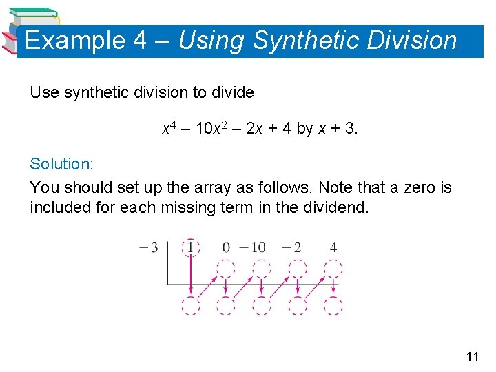 Example 4 – Using Synthetic Division Use synthetic division to divide x 4 – Example 4 – Using Synthetic Division Use synthetic division to divide x 4 –