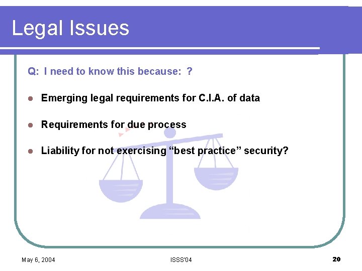 Legal Issues Q: I need to know this because: ? l Emerging legal requirements