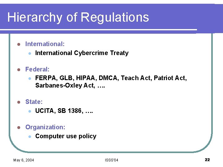 Hierarchy of Regulations l International: l International Cybercrime Treaty l Federal: l FERPA, GLB,