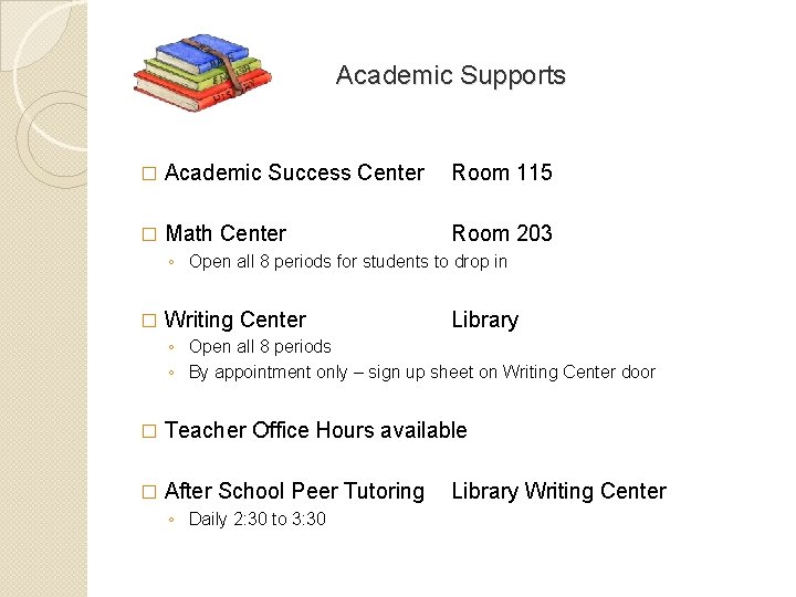Academic Supports � Academic Success Center Room 115 � Math Center Room 203 ◦