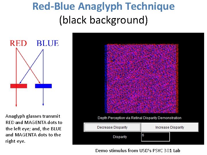 Red-Blue Anaglyph Technique (black background) Anaglyph glasses transmit RED and MAGENTA dots to the Red-Blue Anaglyph Technique (black background) Anaglyph glasses transmit RED and MAGENTA dots to the