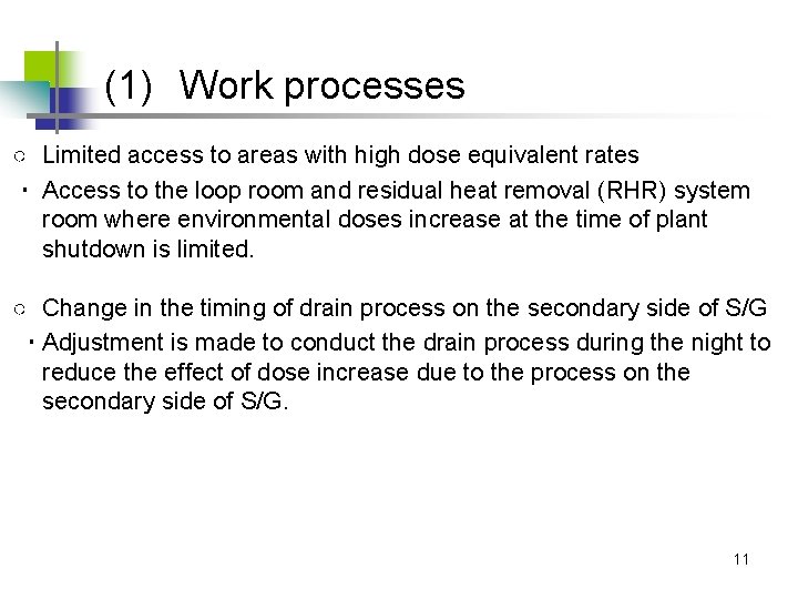 (1)　Work processes ○ Limited access to areas with high dose equivalent rates ・ Access