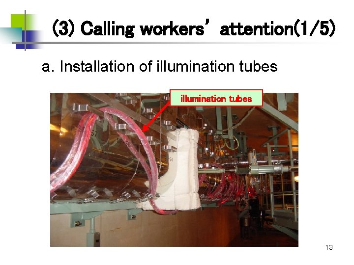 (3) Calling workers’ attention(1/5) 　 a. Installation of illumination tubes 13 