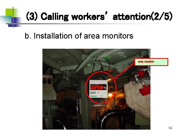 (3) Calling workers’ attention(2/5) 　 b. Installation of area monitors area monitor 14 