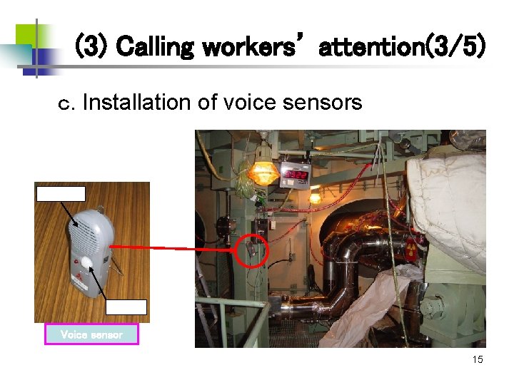 (3) Calling workers’ attention(3/5) 　　ｃ. Installation of voice sensors speaker sensor Voice sensor 15