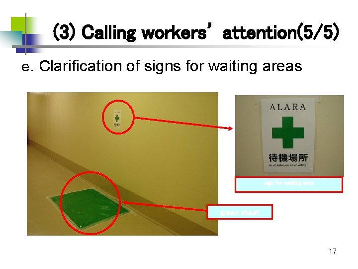 (3) Calling workers’ attention(5/5) ｅ. Ｃlarification of signs for waiting areas sign for waiting