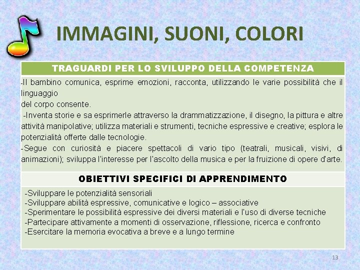 IMMAGINI, SUONI, COLORI TRAGUARDI PER LO SVILUPPO DELLA COMPETENZA -Il bambino comunica, esprime emozioni,