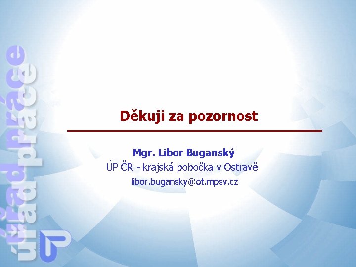 Děkuji za pozornost Mgr. Libor Buganský ÚP ČR - krajská pobočka v Ostravě libor.