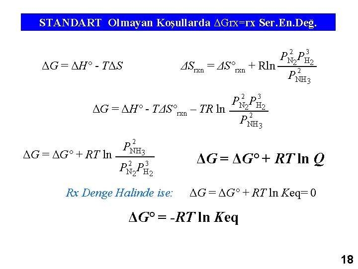 STANDART Olmayan Koşullarda ΔGrx=rx Ser. En. Değ. ΔG = ΔH° - TΔS ΔSrxn =