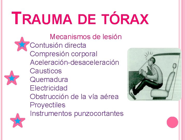 TRAUMA DE TÓRAX Mecanismos de lesión Contusión directa Compresión corporal Aceleración-desaceleración Causticos Quemadura Electricidad