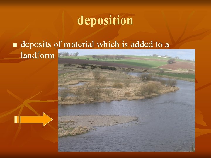 deposition n deposits of material which is added to a landform 
