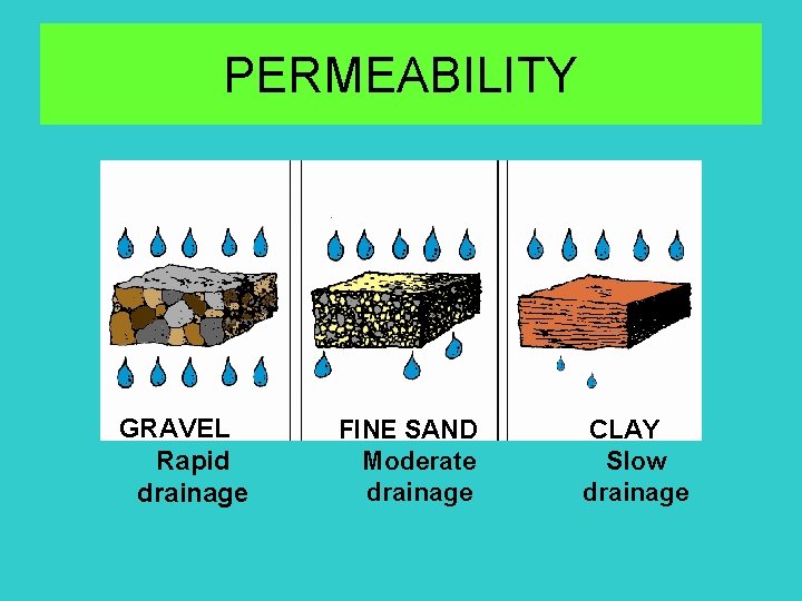 PERMEABILITY GRAVEL Rapid drainage FINE SAND Moderate drainage CLAY Slow drainage 