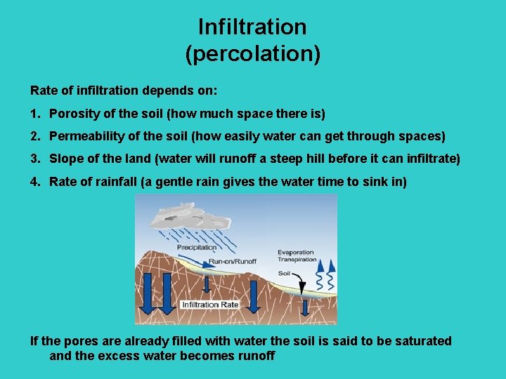 Infiltration (percolation) Rate of infiltration depends on: 1. Porosity of the soil (how much