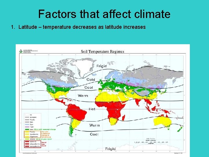 Factors that affect climate 1. Latitude – temperature decreases as latitude increases 